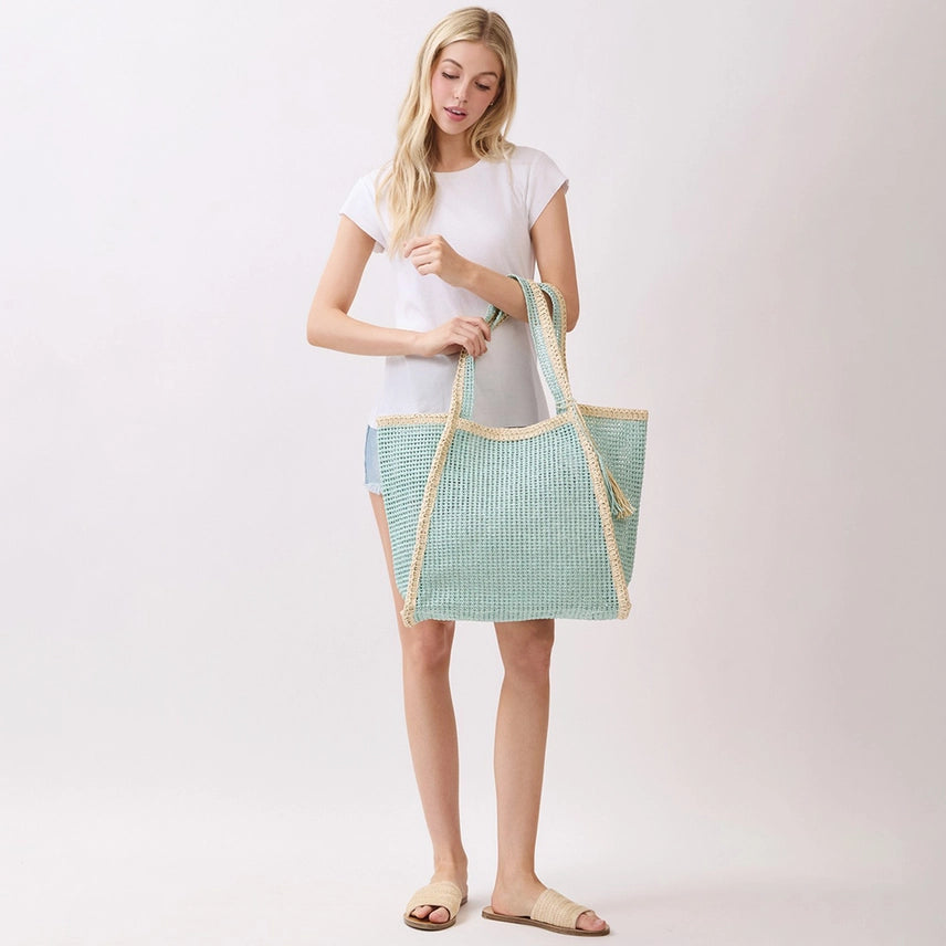 Vacay Mode Mint Straw Tote Bag