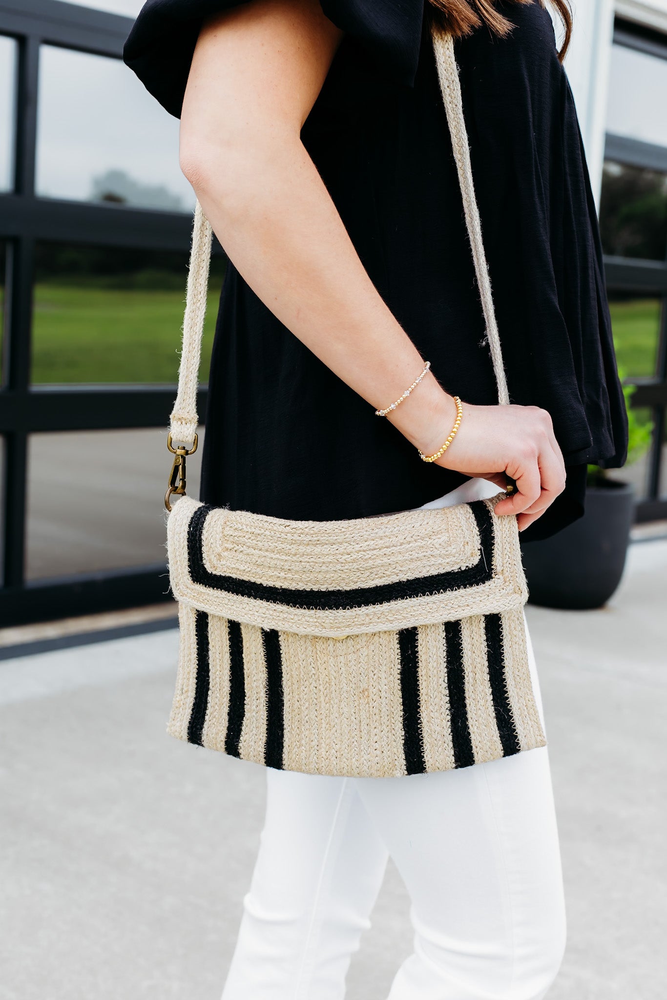 Nellie Black Geo Striped Jute Crossbody Wristlet Clutch