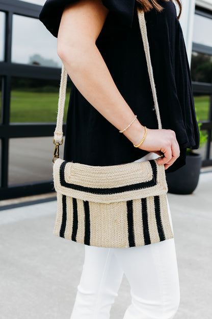 Nellie Black Geo Striped Jute Crossbody Wristlet Clutch