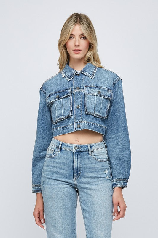 Insatiable Feeling Cropped Cargo Denim Jacket