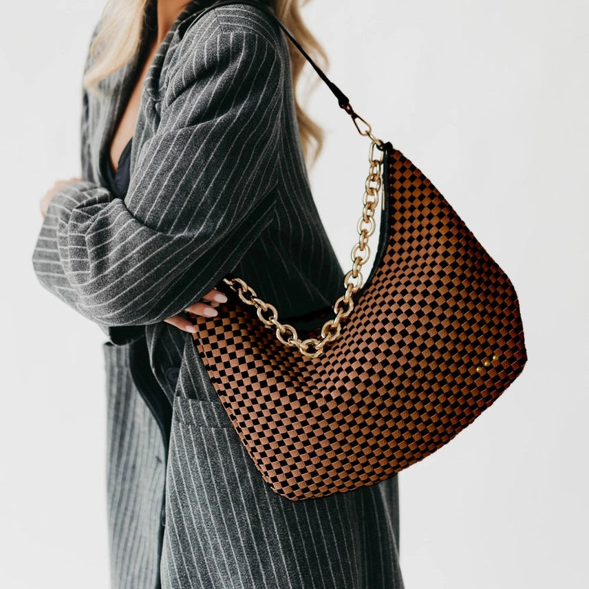 Sienna Woven Coffee Checkered Shoulder Bag