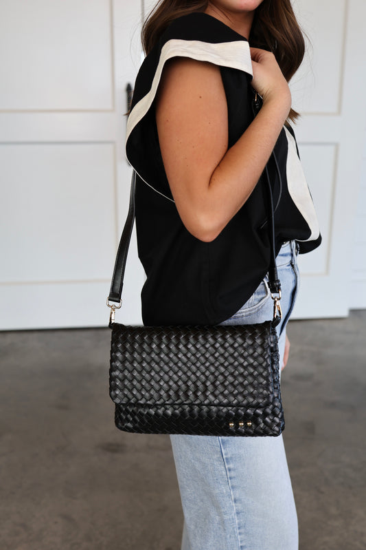 Wrenlee Woven Black Flap Crossbody Bag