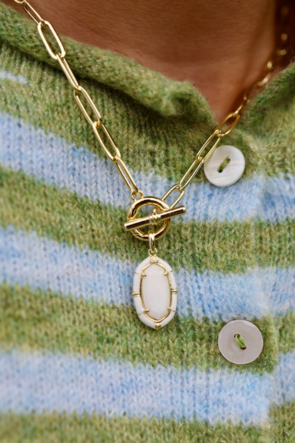 Elisa Gold Enamel Link Chain Necklace in White Mother-of-Pearl