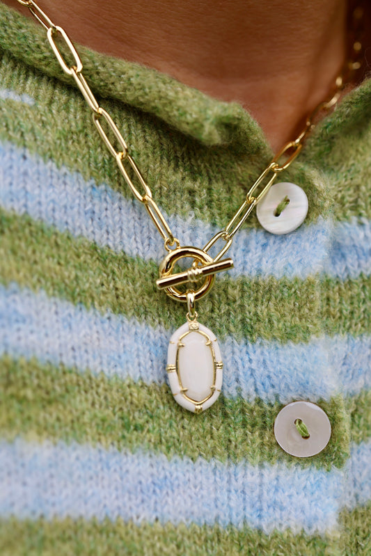 Elisa Gold Enamel Link Chain Necklace in White Mother-of-Pearl