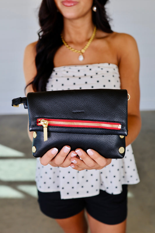 VIP Medium Black/Brushed Gold Red Zipper Handbag