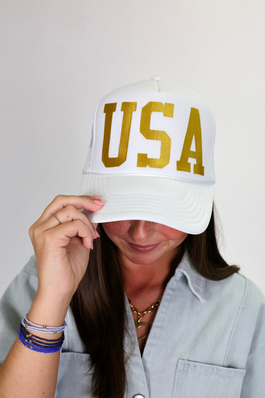 USA White/Gold Foam Trucker Hat