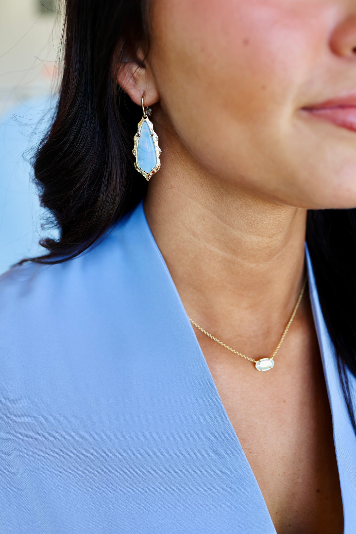 Adriana Scallop Frame Gold Drop Earrings in Sky Blue Iridescent Abalone