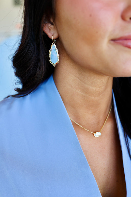 Adriana Scallop Frame Gold Drop Earrings in Sky Blue Iridescent Abalone