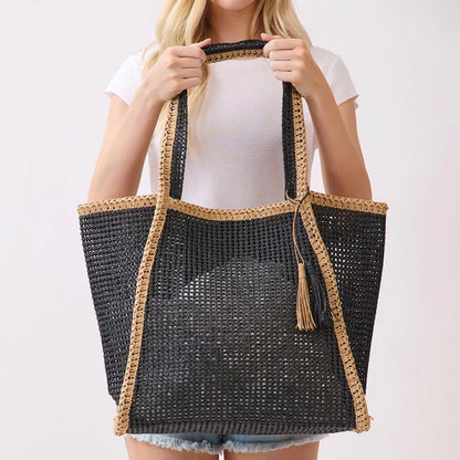 Vacay Mode Black Straw Tote Bag