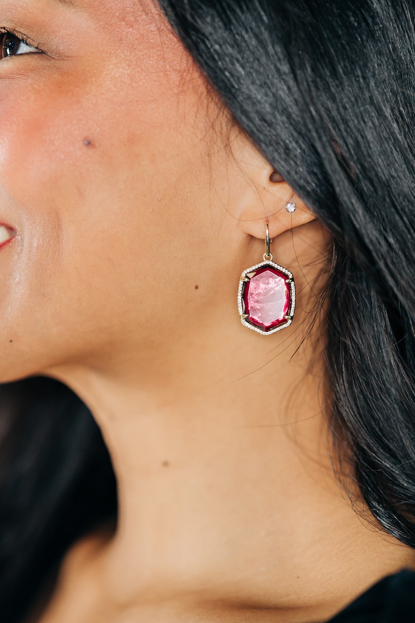 Daphne Gold Pave Frame Drop Earrings in Berry Mica