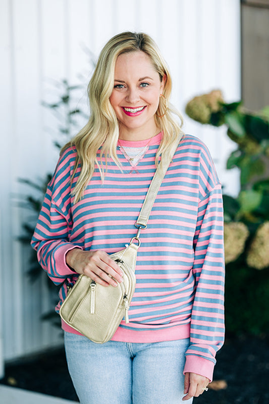 Linear Layers Rose/Blue Pullover Top