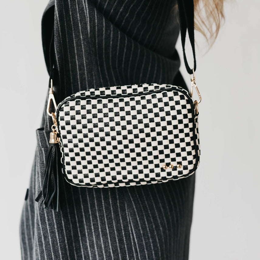 Willow Woven Checkered Black Camera Crossbody Bag