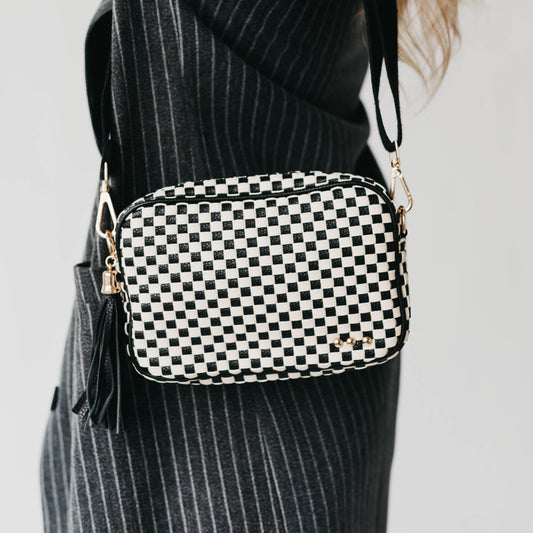Willow Woven Checkered Black Camera Crossbody Bag