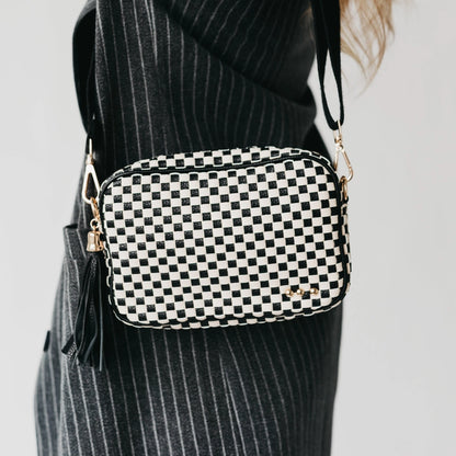 Willow Woven Checkered Black Camera Crossbody Bag