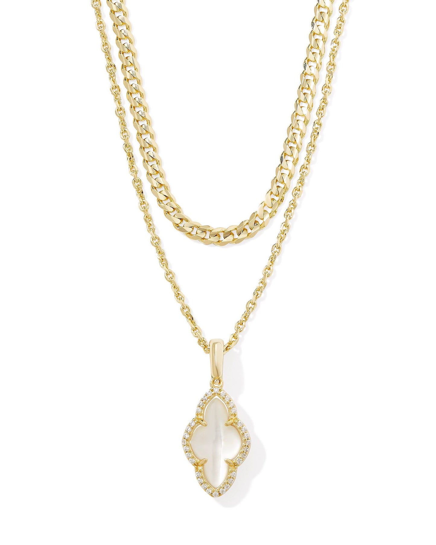 Abbie Pave Frame Gold Multi Strand Necklace in Ivory Mother of Pearl