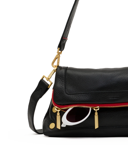 Beverly Med Black/Brushed Gold Red Zip Handbag