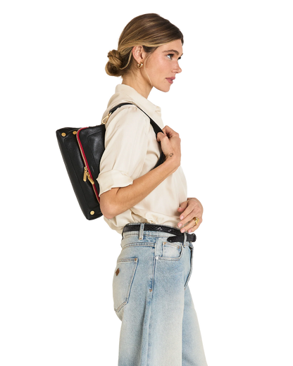 Beverly Med Black/Brushed Gold Red Zip Handbag