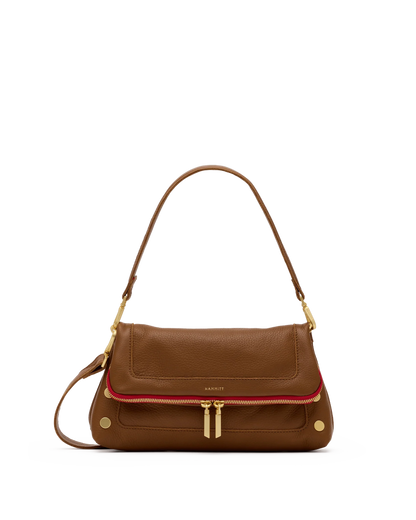 Beverly Med Mahogany Pebble/Brushed Gold Red Zip Handbag