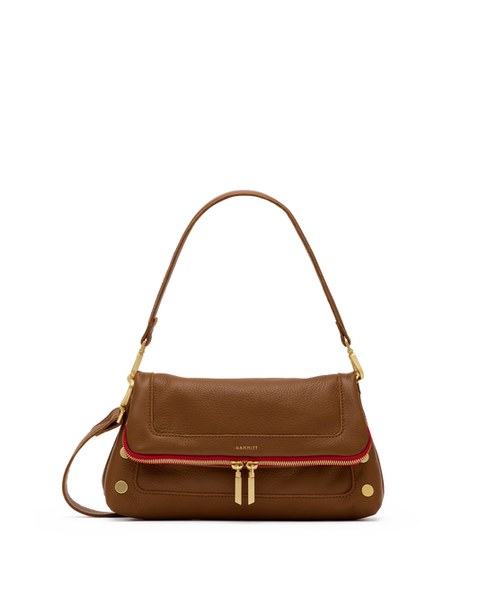 Beverly Med Mahogany Pebble/Brushed Gold Red Zip Handbag