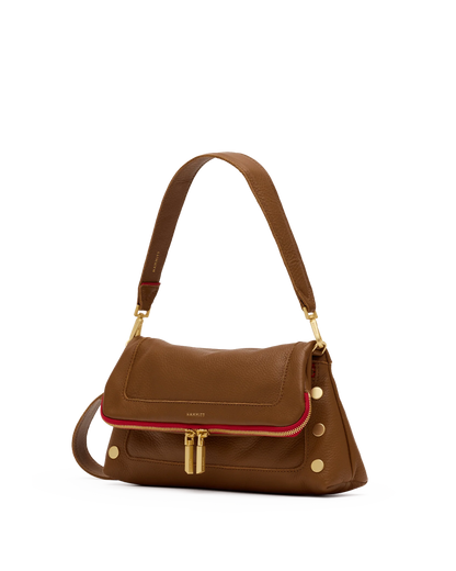 Beverly Med Mahogany Pebble/Brushed Gold Red Zip Handbag