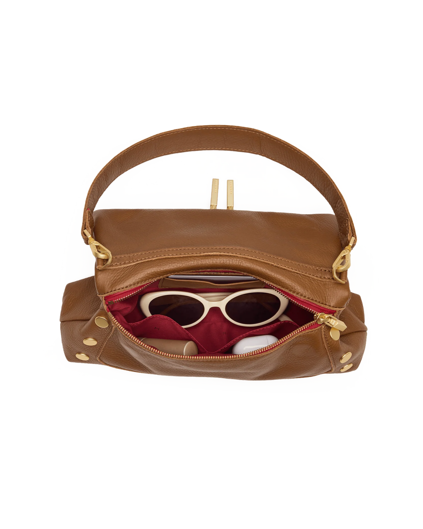 Beverly Med Mahogany Pebble/Brushed Gold Red Zip Handbag