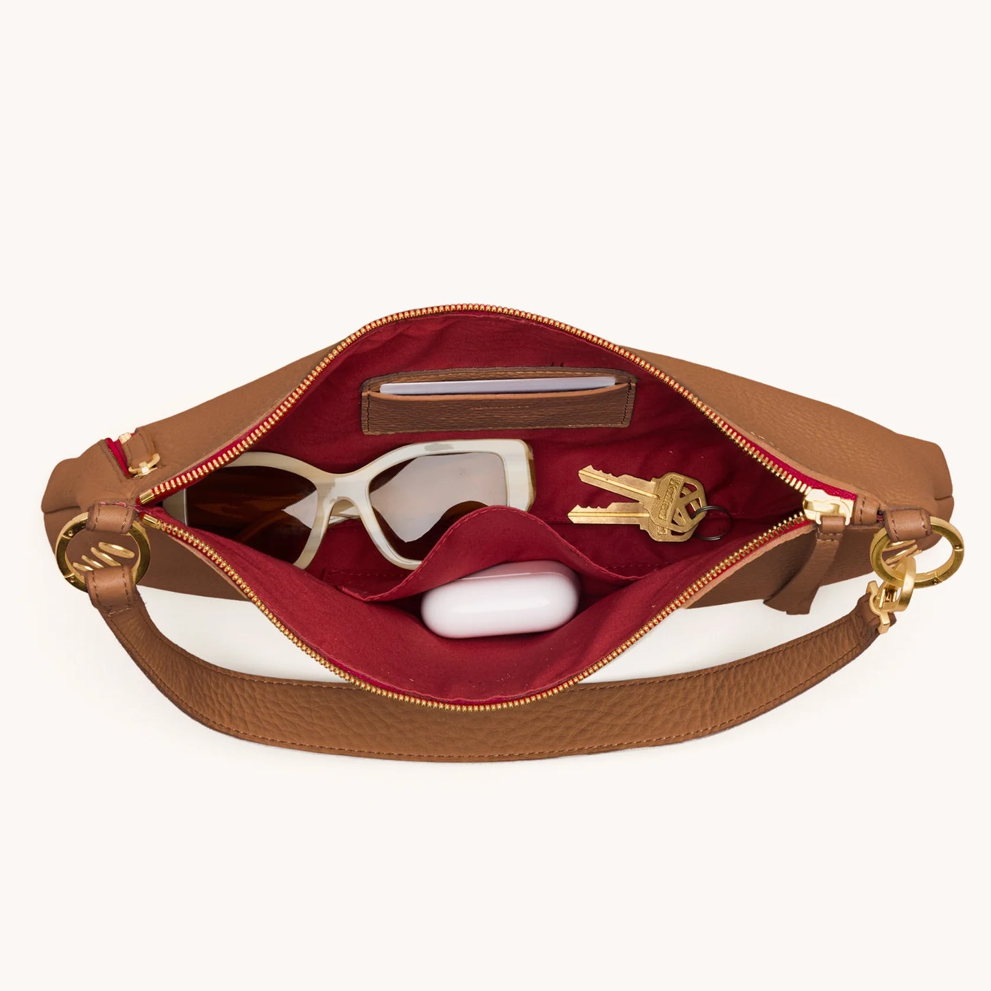 Kyle Medium Mahogany Pebble/Brushed Gold Red Zip Handbag