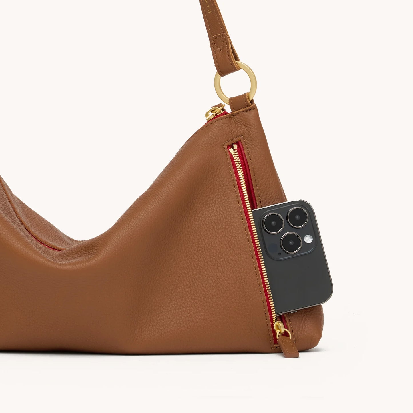 Kyle Medium Mahogany Pebble/Brushed Gold Red Zip Handbag