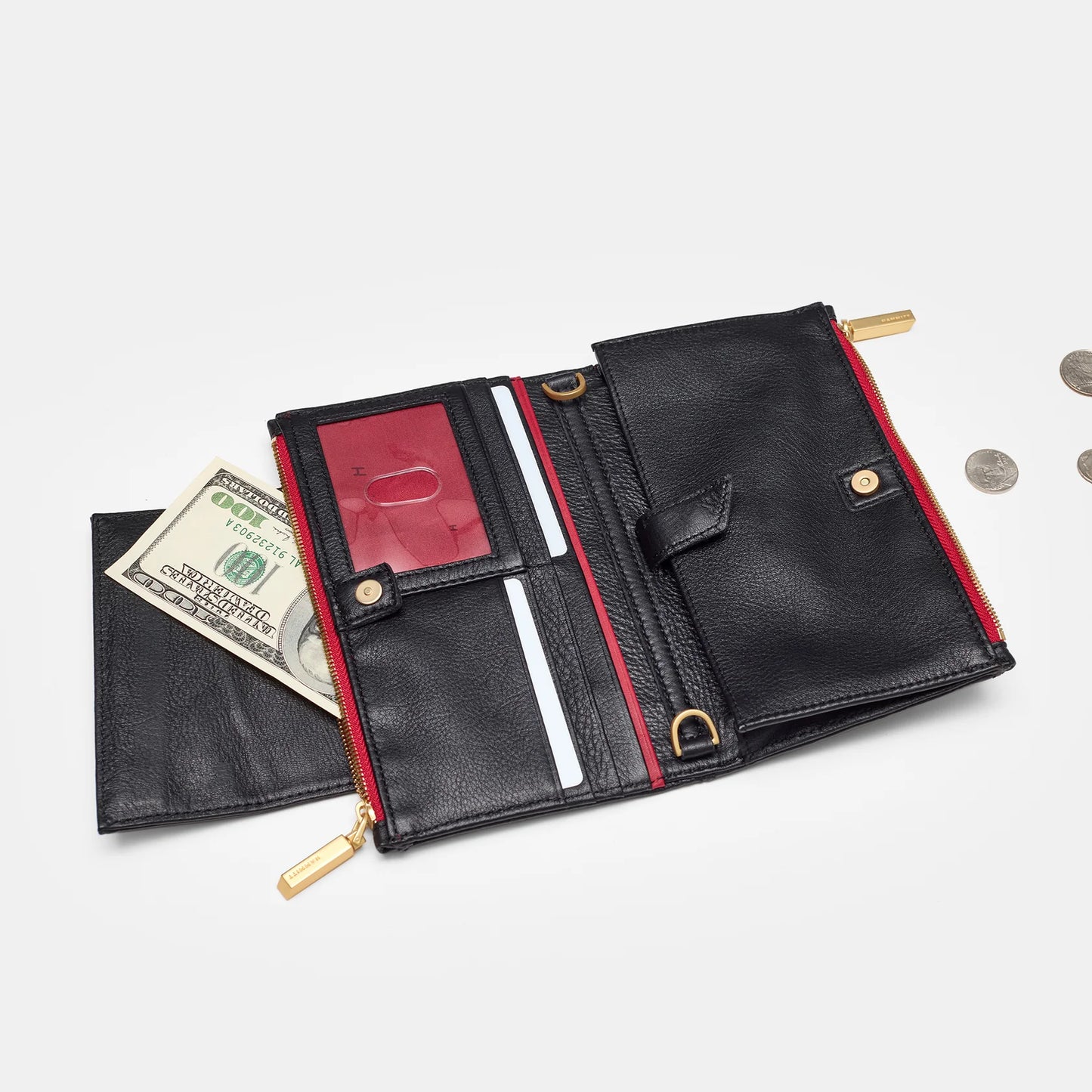 Levy  Black/Brushed Gold Red Zip Clutch Wallet