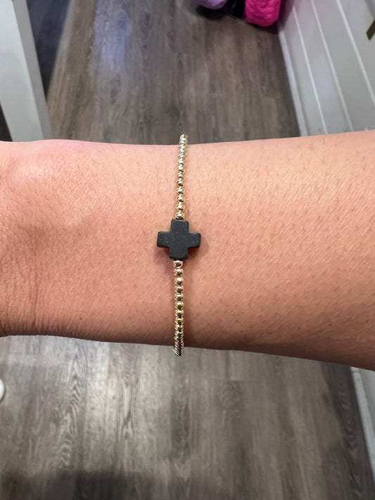 Black Cross with 2mm Gold Filled Beaded Bracelet