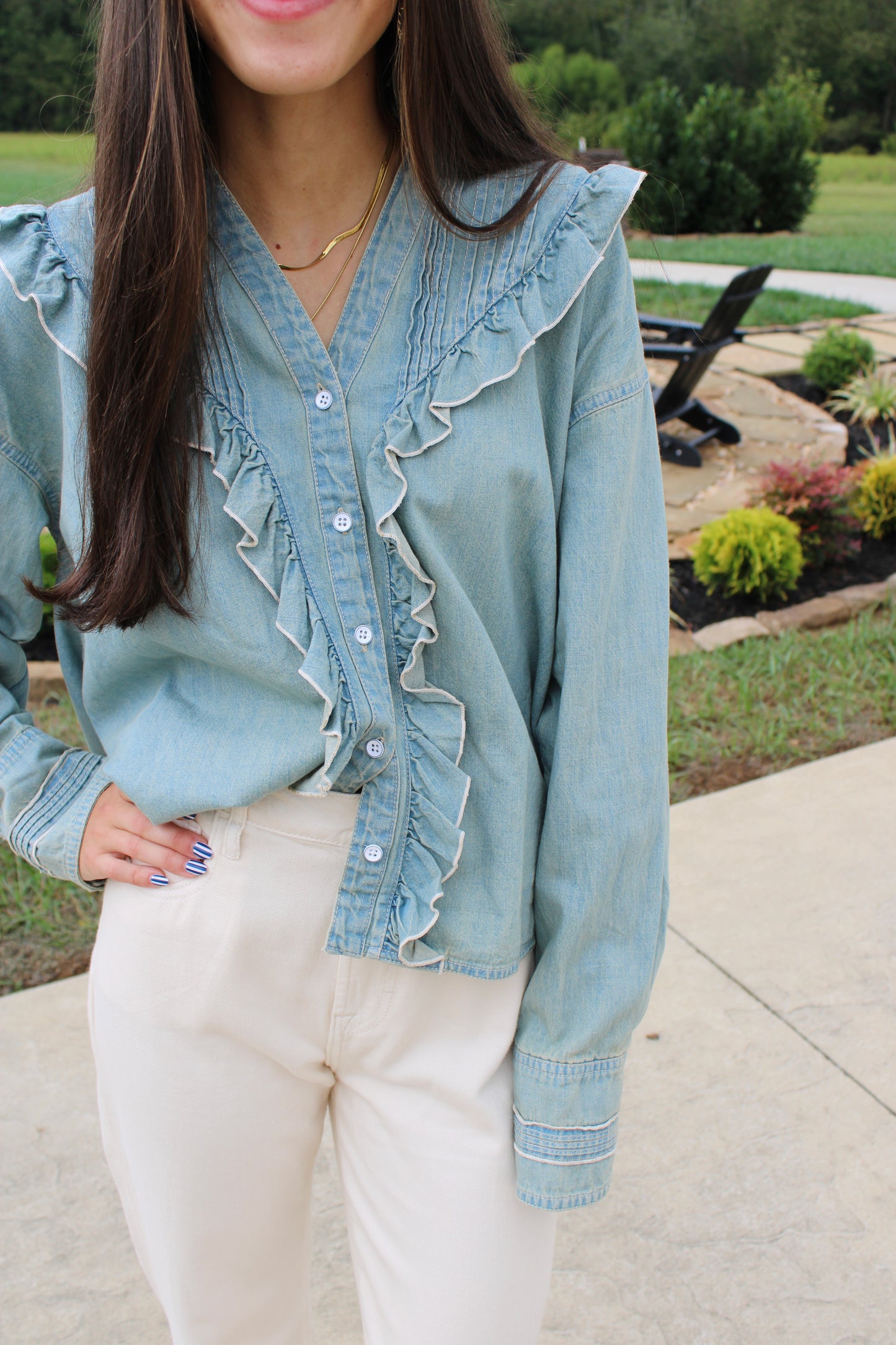 Tattered And Ruffled  Vintage Tint Wash Denim Top