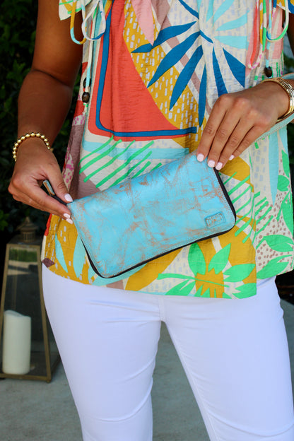 Templeton II Baby Blue Lux Oats Rustic Wallet Wristlet
