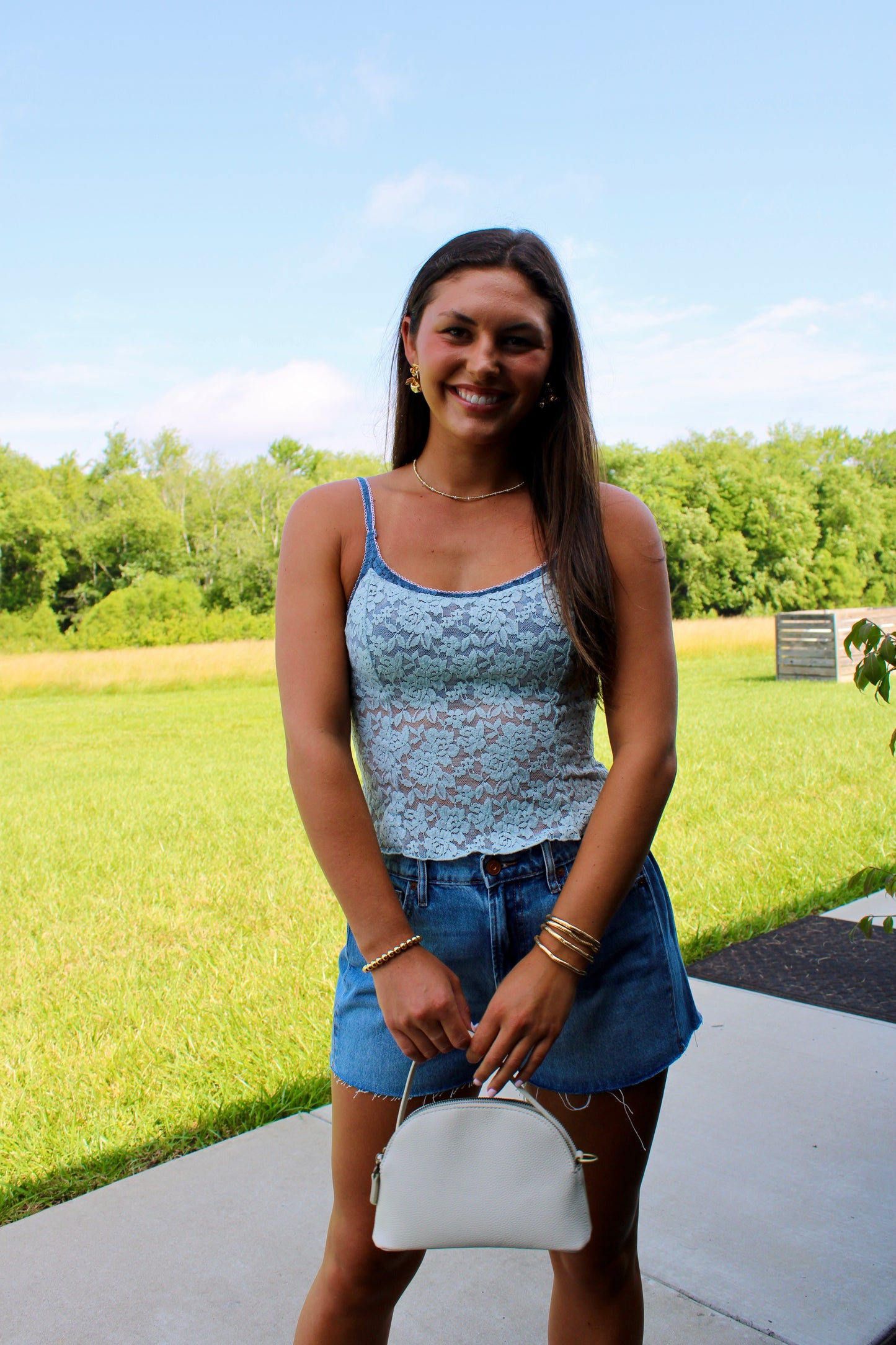 All Day Lace Pearl Blue Cami Top