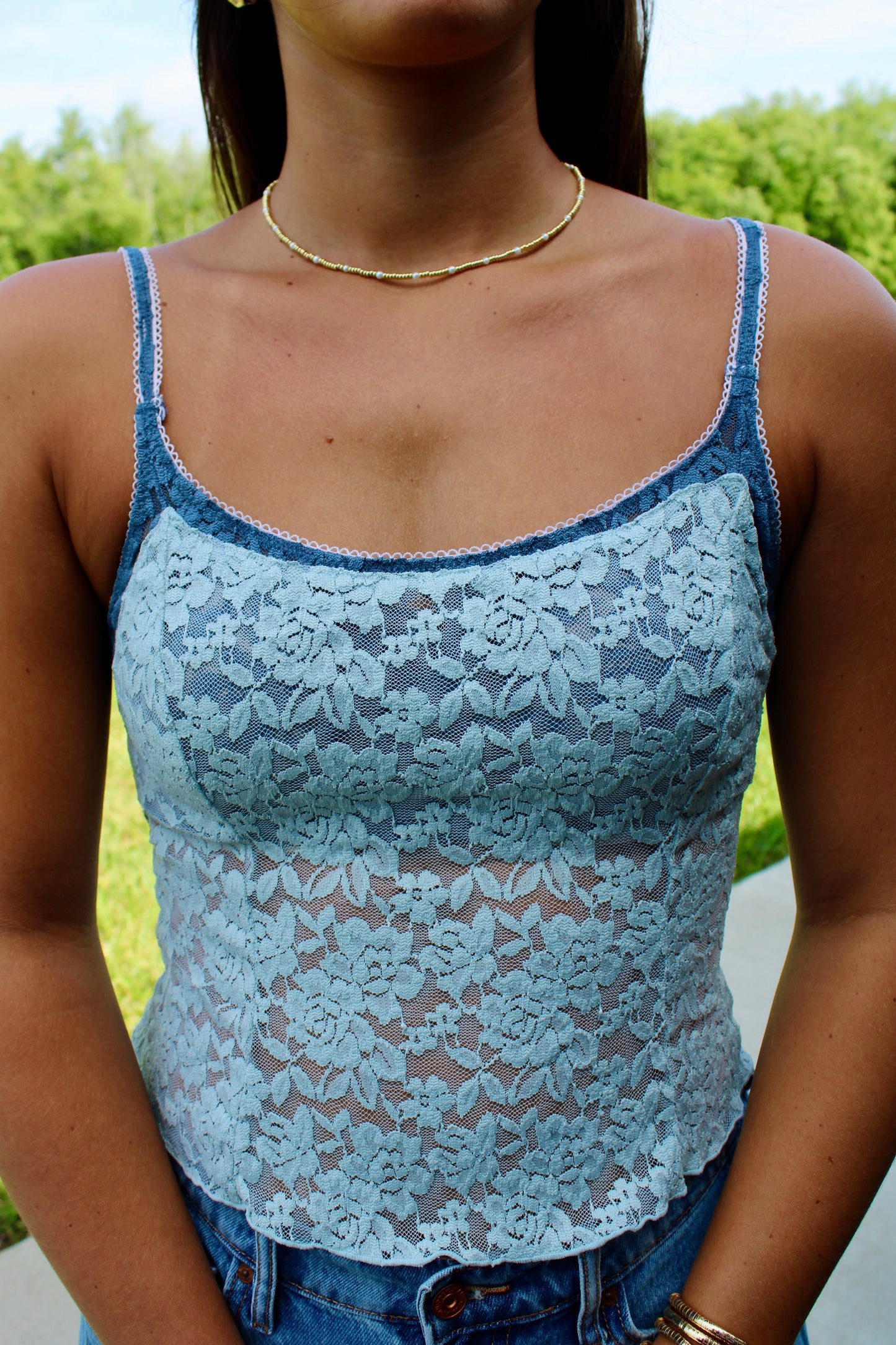 All Day Lace Pearl Blue Cami Top