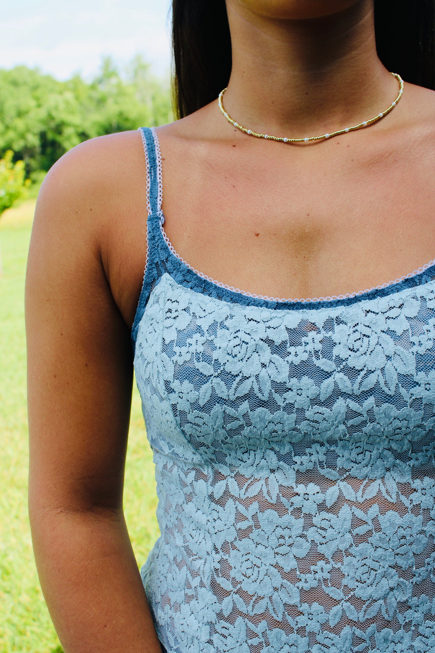 All Day Lace Pearl Blue Cami Top