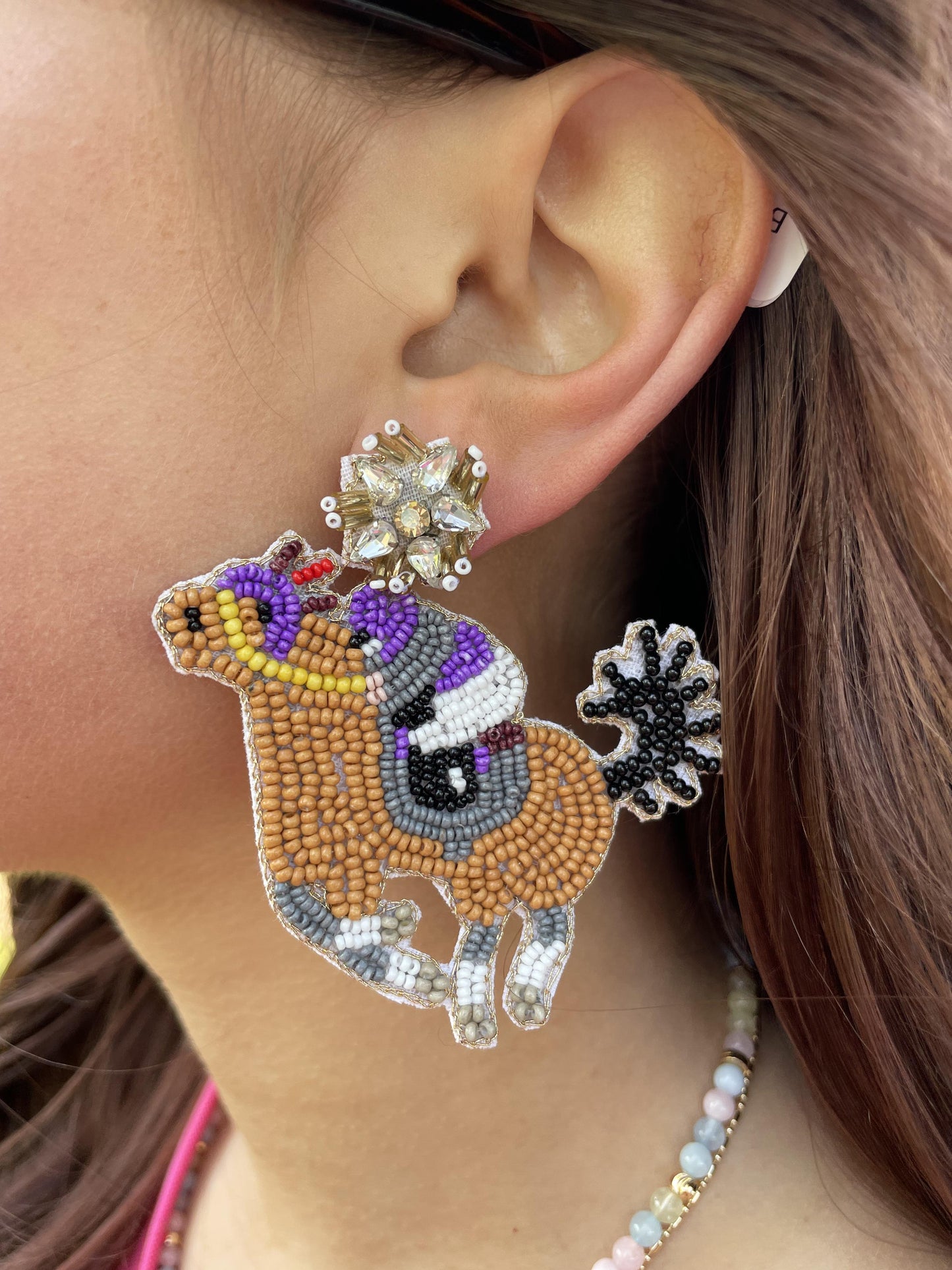 Beaded Derby Racehorse Brown/Purple Earrings