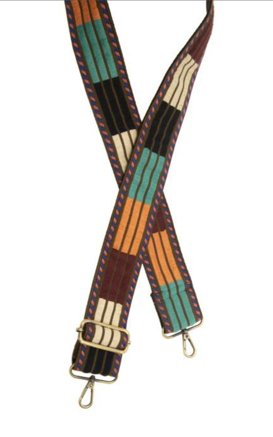 2" Brown Multi Striped Colorblock Embroidered Guitar Strap