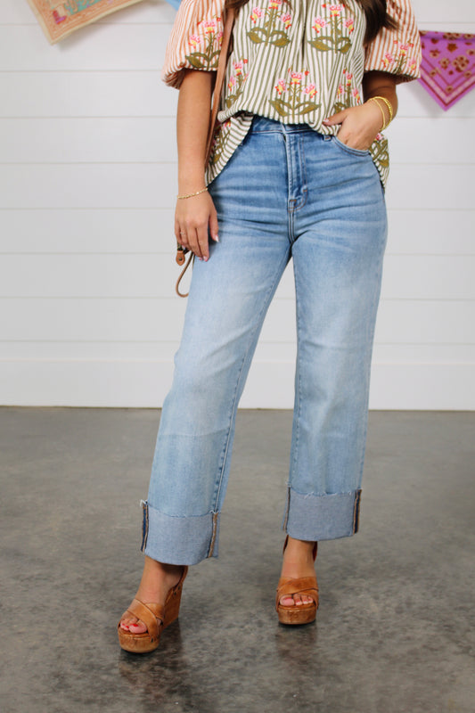 Ella Vintage Wash Wide Cuffed Straight Denim