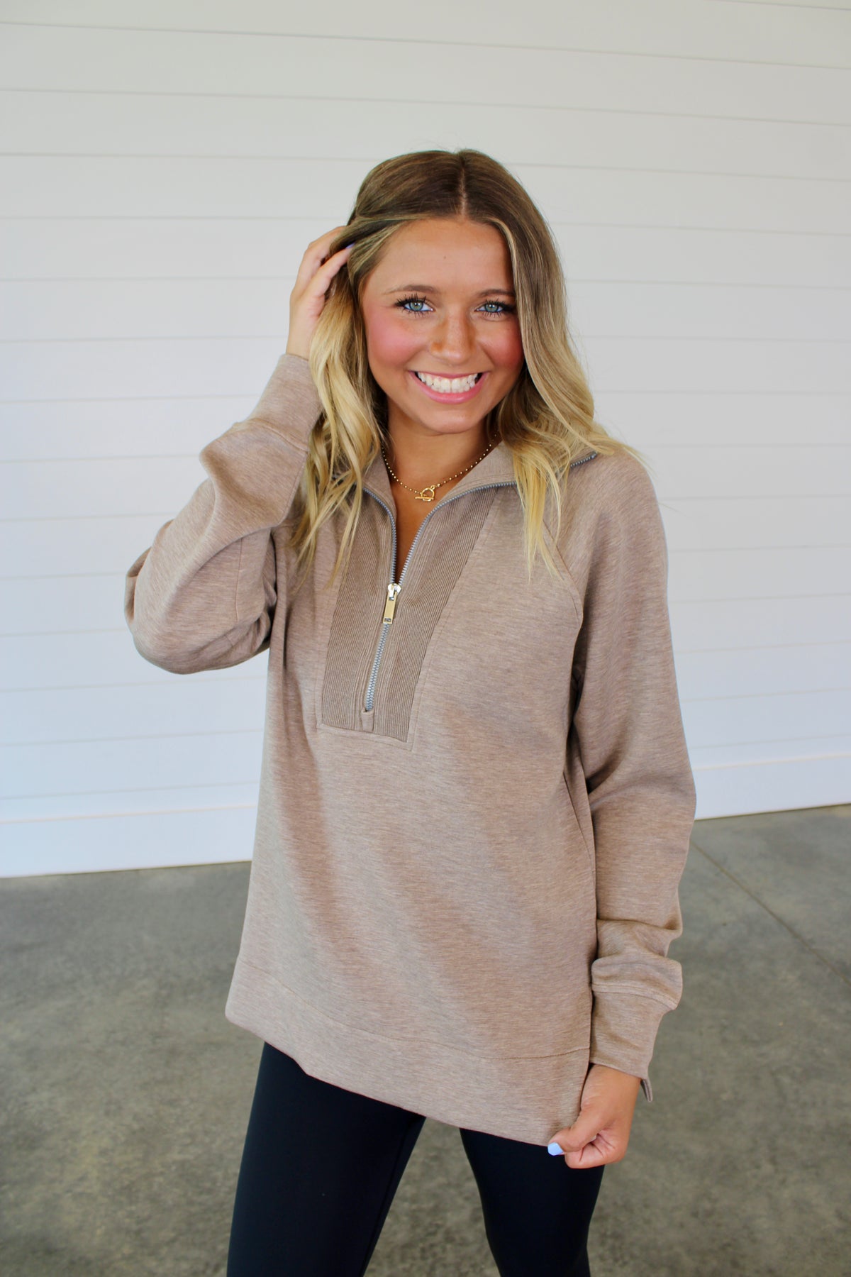 AirEssentials Brushed Half Zip Birch Heather Tunic Top