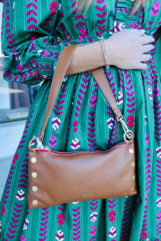 Kyle Mahogany Pebble/Brushed Gold Red Zip Handbag