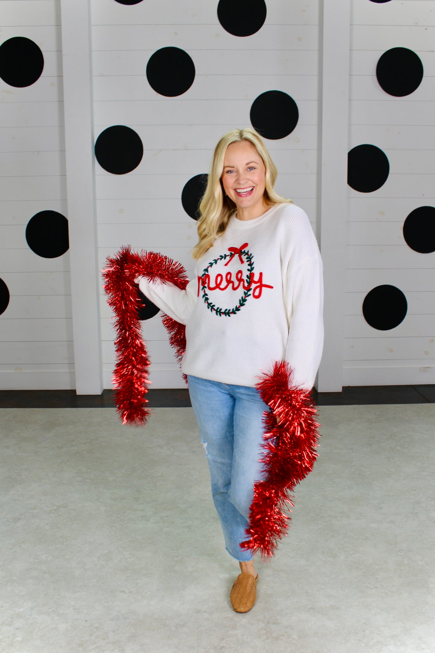 Merry Wreath White Sweater