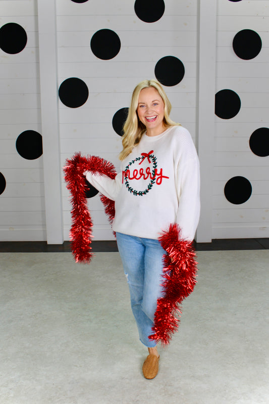 Merry Wreath White Sweater