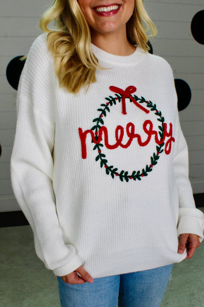 Merry Wreath White Sweater