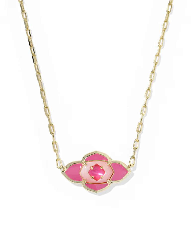 Abbie Medallion Gold Short Pendant Necklace in Hot Pink Mix