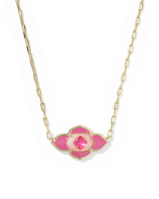 Abbie Medallion Gold Short Pendant Necklace in Hot Pink Mix