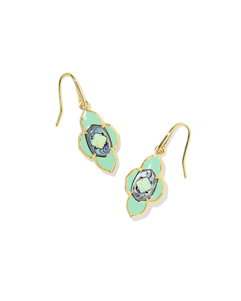 Abbie Medallion Gold Small Drop Earrings in Abalone Sea Green Mix