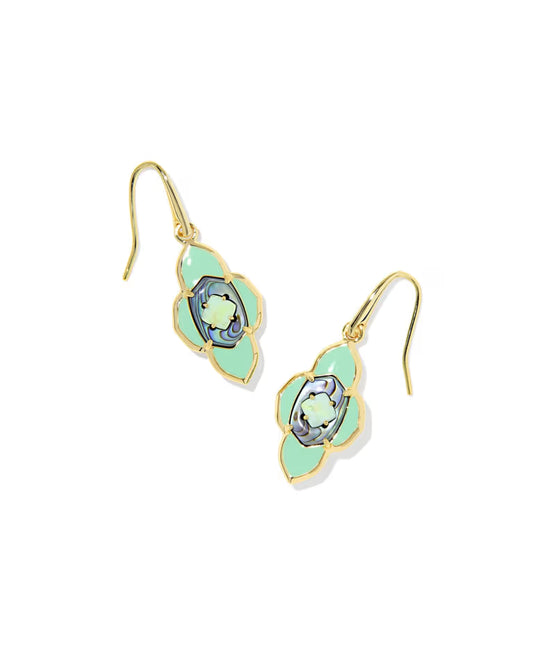 Abbie Medallion Gold Small Drop Earrings in Abalone Sea Green Mix