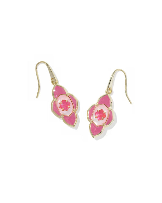 Abbie Medallion Gold Small Drop Earrings in Hot Pink Mix