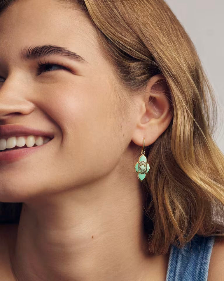 Abbie Medallion Gold Small Drop Earrings in Abalone Sea Green Mix