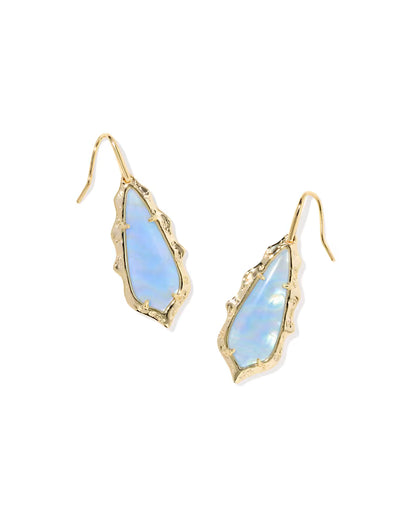 Adriana Scallop Frame Gold Drop Earrings in Sky Blue Iridescent Abalone
