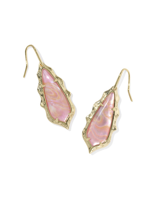 Adriana Scallop Frame Gold Drop Earrings in Light Pink Iridescent Abalone